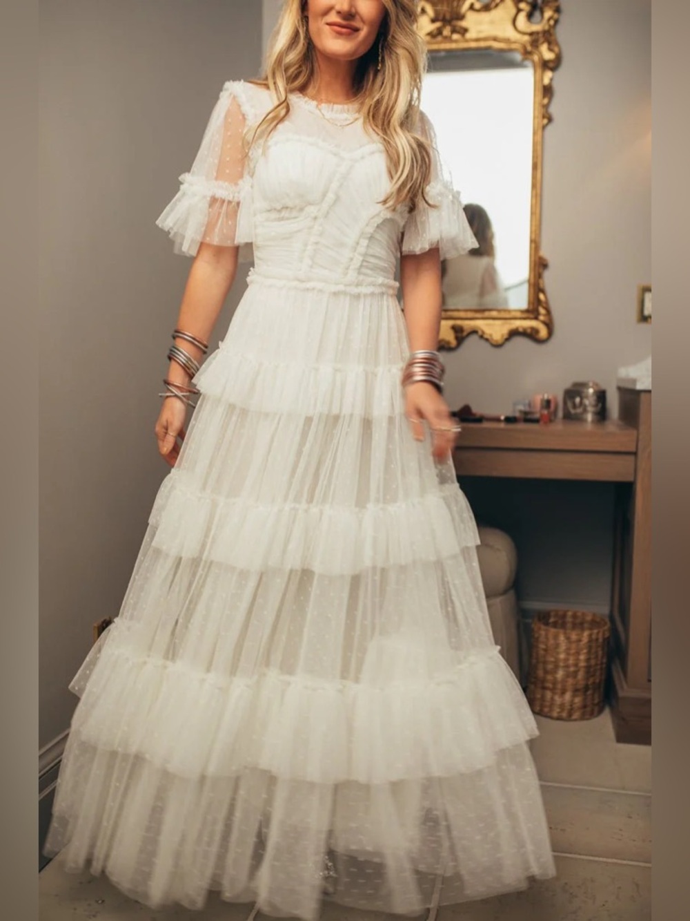 Ivy City Co White Tiered Tulle Maxi Dress